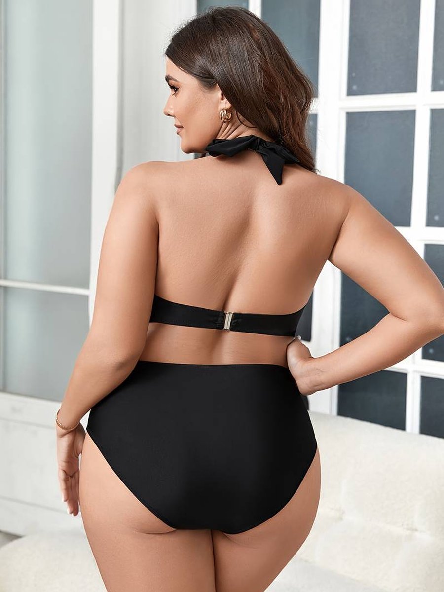 Bikini Set - Grote Maten Effen Zwarte Halter Strikband Bh - 2 - delige Set Badpak Lingerie Set - Zwemkleding Strandkleding P008 - Zwart — afbeelding 4