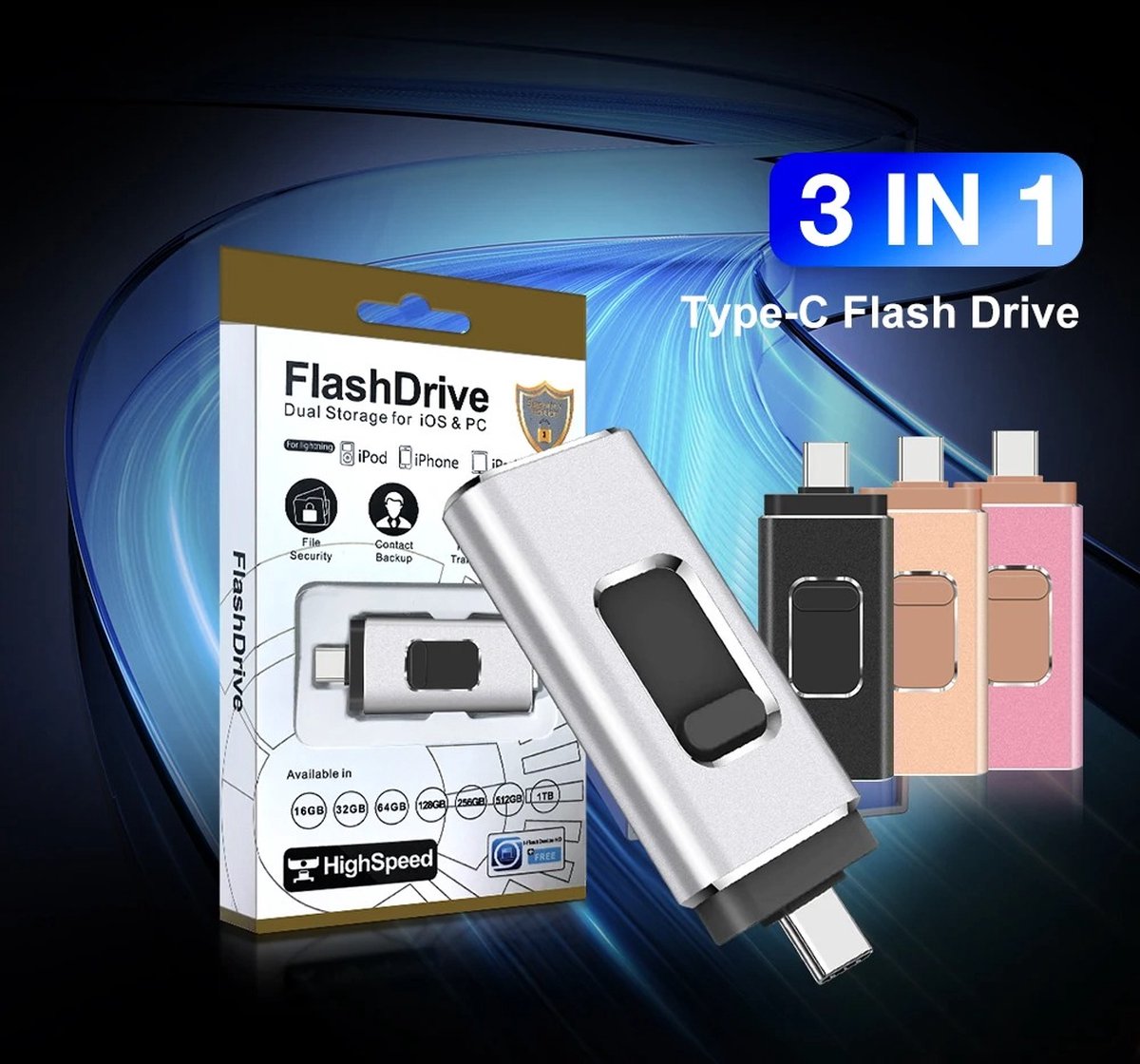 DrPhone EasyDrive - 16 Go - Clé USB 4 en 1 - OTG USB 3.0 + USB-C +