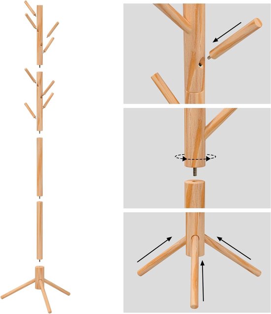 Houten kapstok, kapstok, jassenrek, kledingrek, tassenstandaard, kapstok, kapstok voor kleding, hoeden, tassen