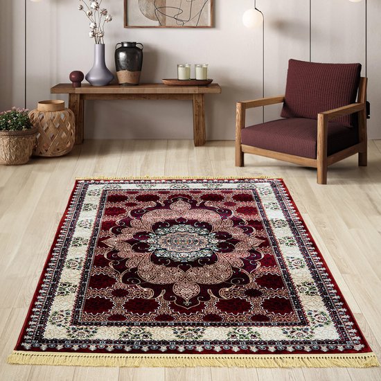 Flycarpets Tapis Floral Oriental Classique Isfahan Medaillon - Rouge / Blauw - 200x290 cm
