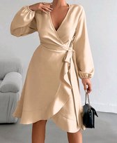 Sexy elegante corrigerende abrikoos beige jurk wikkeljurk maat M