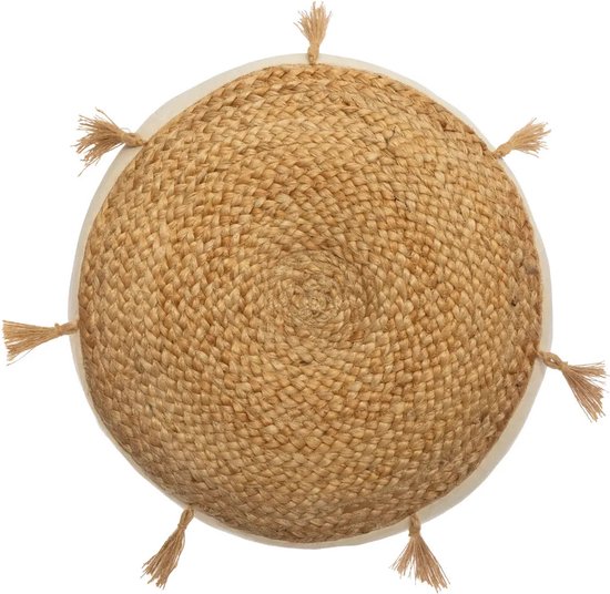 Pouf rond en osier avec un bord en tissu beige et 8 pompons sur le pourtour.