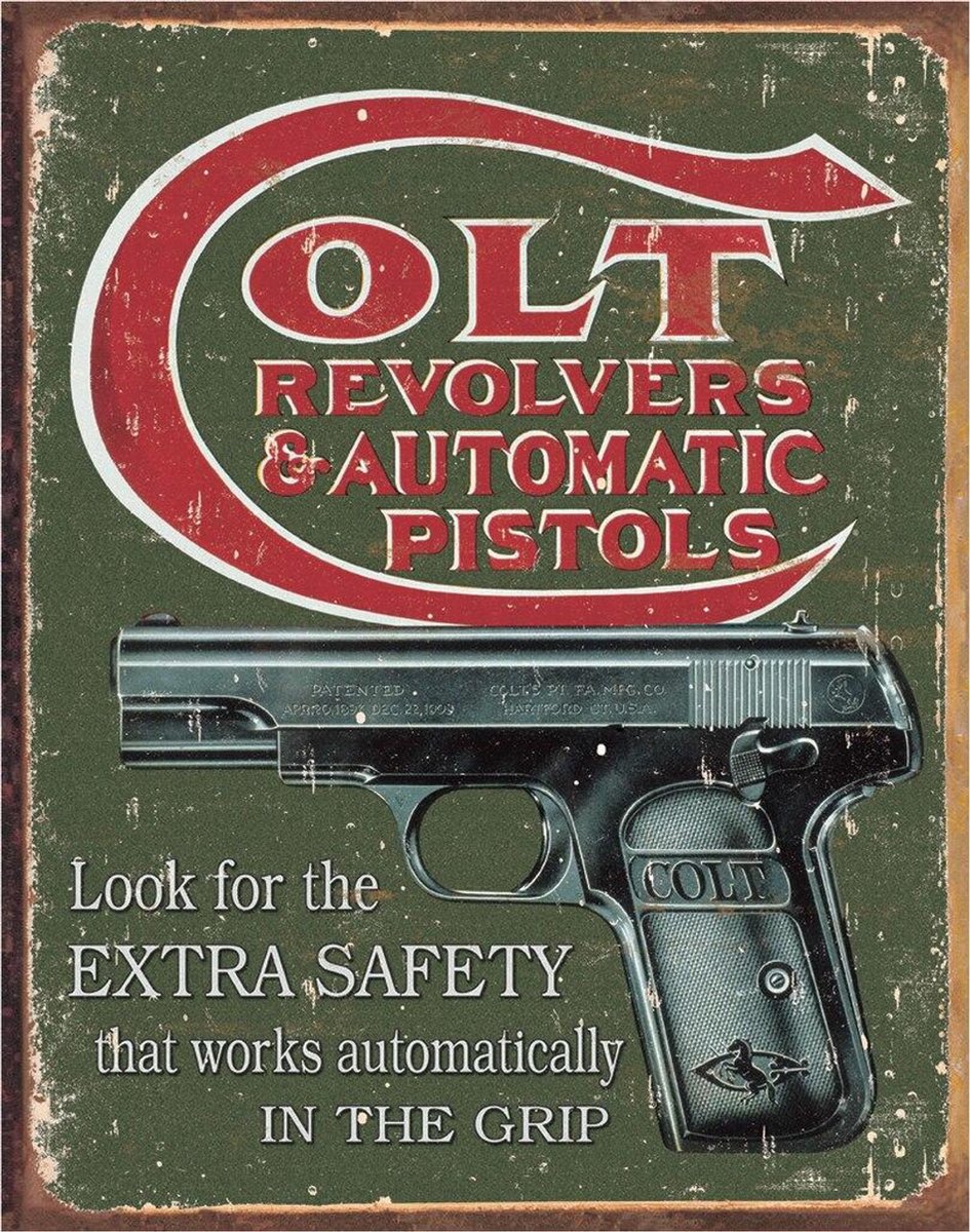 Colt Revolvers & Automatic Pistols Extra Safety. Metalen wandbord 40,5 x 31,5 cm.