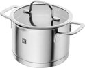 Roestvrijstalen kookpot met glazen deksel en twee handgrepen.