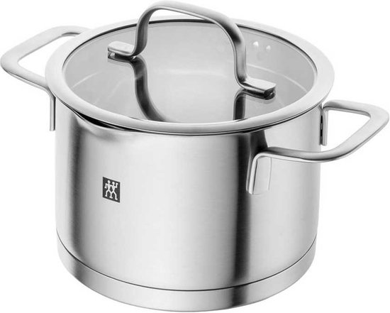 Roestvrijstalen kookpot met glazen deksel en twee handgrepen.