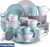 CasaVibe Service de table de Luxe - 48 pièces - 12 personnes - Porcelaine - Service d'assiettes - Assiettes plates - Assiettes à Assiettes à dessert - Bols - Mugs - Set - Blauw clair - Wit