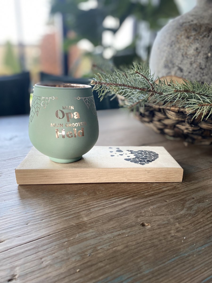 Creaties van hier opa - Kaarsen - Theelichthouder- met Plankje - Glas - 9,4x8,9 cm