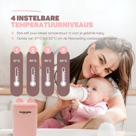 Vulpes Goods® BabyCare - Flessenwarmer Onderweg Pro - Draagbare Baby Flessenwarmer - Intelligente Flesverwarmer - 4 Temperatuurniveaus - 6 Adapters - Draadloos - Roze