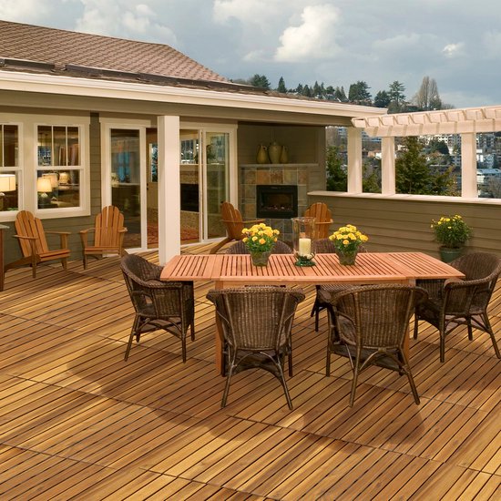 CLICK-DECK Hardhouten terrastegels, terras, balkon, beton, hot tub-dektegels, vierkant, aansluitvloeren, eenvoudige installatie, bruin acaciahout, geweldige afvoer, 12 hardhouten dektegels