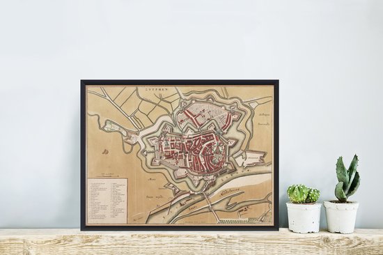 Photo encadrée - Un plan de ville coloré et historique de Zutphen cadre photo noir - Carte 40x30 cm - Affiche encadrée (Décoration murale salon / chambre)