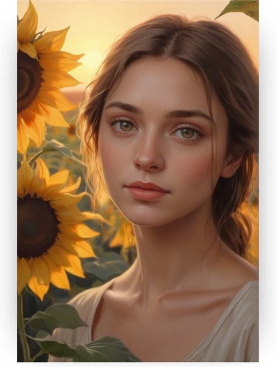 Vrouw met bloemen - Zonnebloemen canvas schilderij - Schilderijen vrouw - Wanddecoratie modern - Schilderijen op canvas - Muurkunst - 60 x 90 cm 18mm