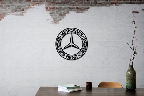 Mercedes Benz - Logo - Metal Art - Grijs - 40 x 40 cm - Décoration de voiture - Décoration murale - Man Cave - Cadeau pour homme - Système de suspension inclus