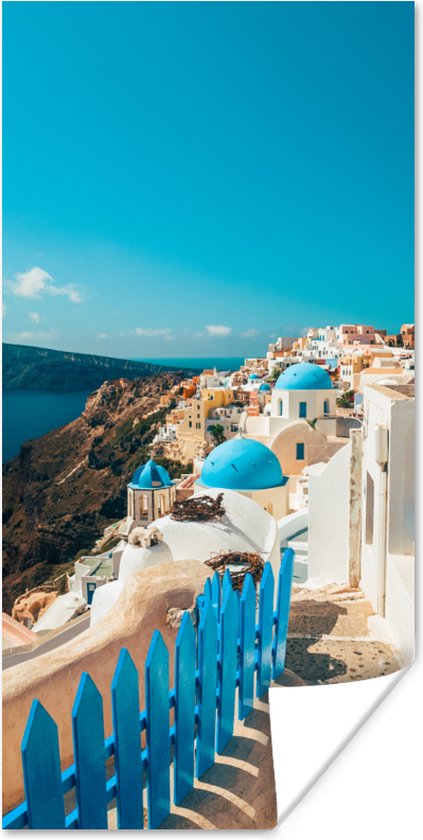 Poster Blauw voetpad in Santorini Griekenland - 80x160 cm