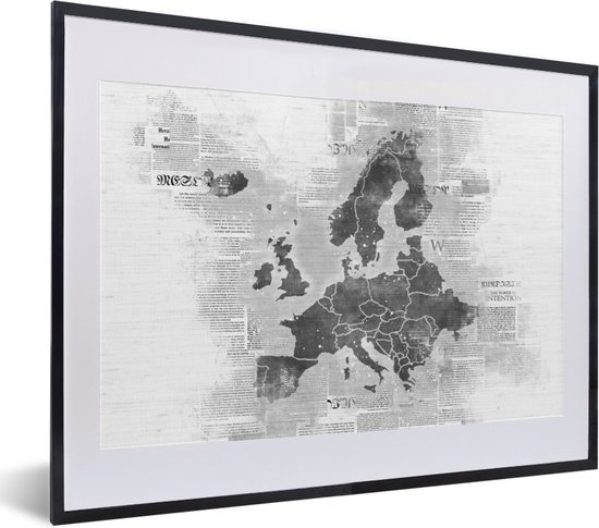 Fotolijst incl. Poster Zwart Wit- Kaart van Europa op krantenpapier - zwart wit - 40x30 cm - Posterlijst