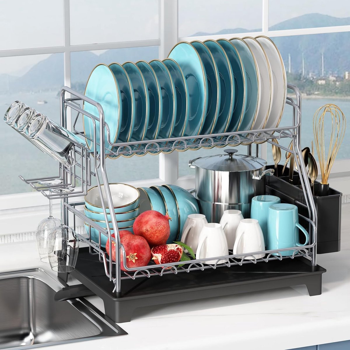 Goedkoopste Afdruiprek met 2 verdiepingen, afdruiprek van roestvrij staal met afdruipbak, afdruiprek voor de gootsteen met draaibare uitloop, keukengereihouder, grijs