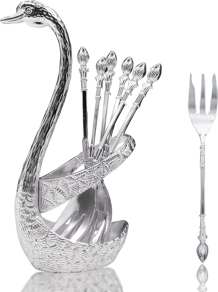 Goedkoopste Fruitvorkenset van roestvrij staal, zwanenvorm, lepelset, zwanenvormige basishouder, lepelorganizer met zwanenbodemhouder, taartvork, 6 stuks, roestvrij staal, voor koffie, dessert (zilver
