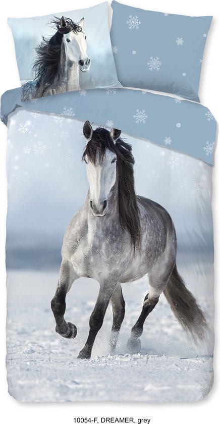 Good Morning Kinderdekbedovertrek "paard in de sneeuw" - Grijs - (140x200/220 cm) - Katoen Flanel