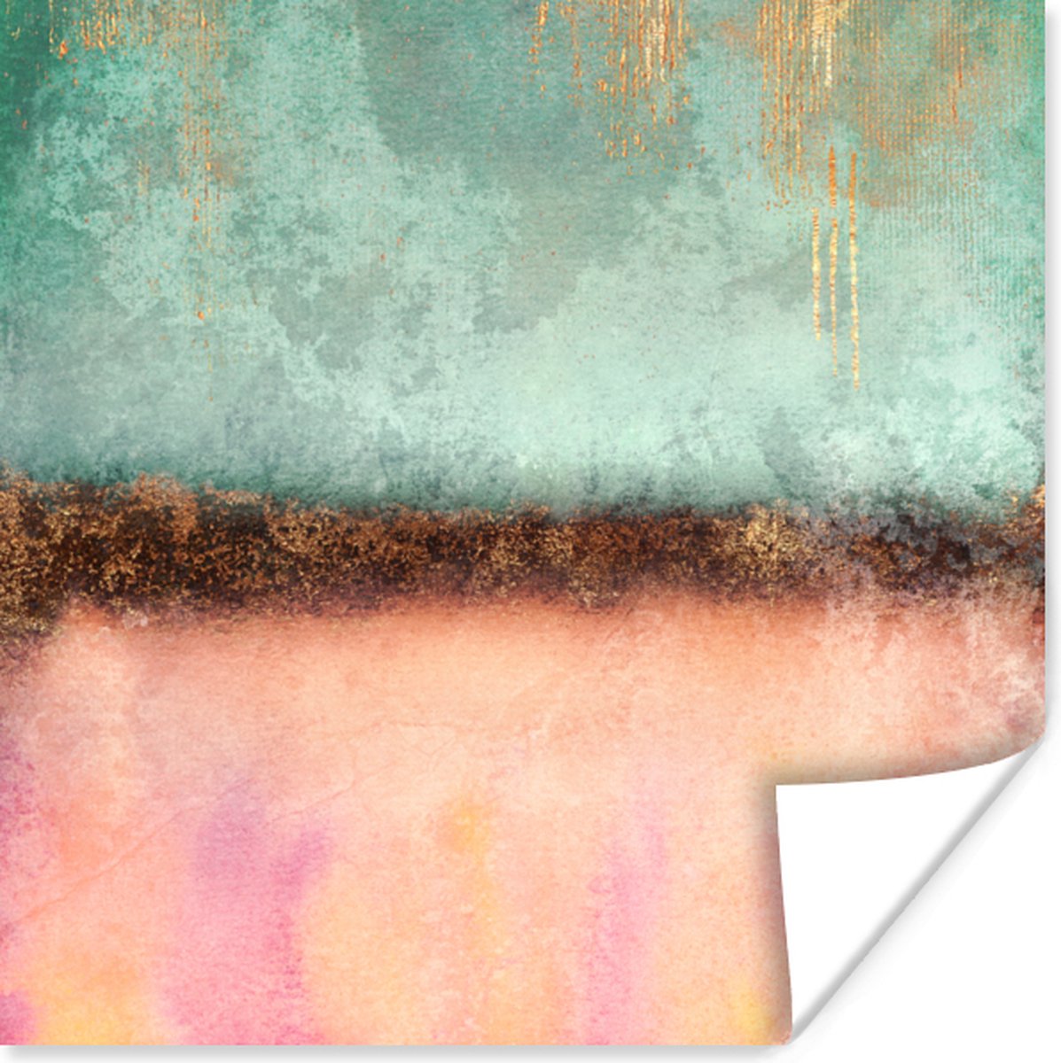 Poster Goud - Verf - Abstract - Groen - Roze - 75x75 cm