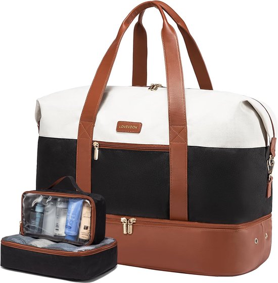 BAOSHA Canvas reistas voor dames, reistas, reistas, reistas, grote ziekenhuistas met toilettas HB-14, beige/wit., L, Reistas met toilettas