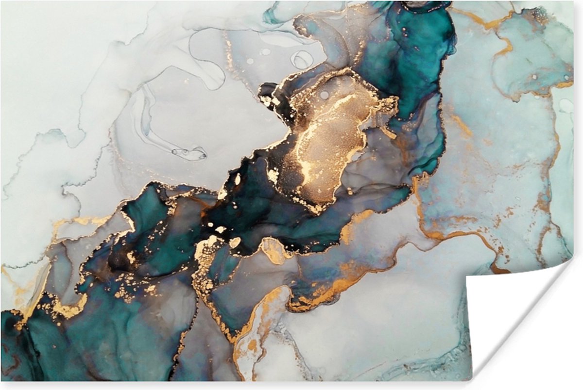 Poster Blauw - Marmer - Goud - 30x20 cm