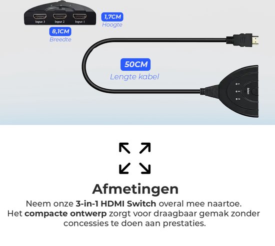 HDMI 2.1 Switch – 3 Ingangen, 1 Uitgang – 8K @60Hz – Voor Gameconsole, Streamer & Blu-ray – Compact