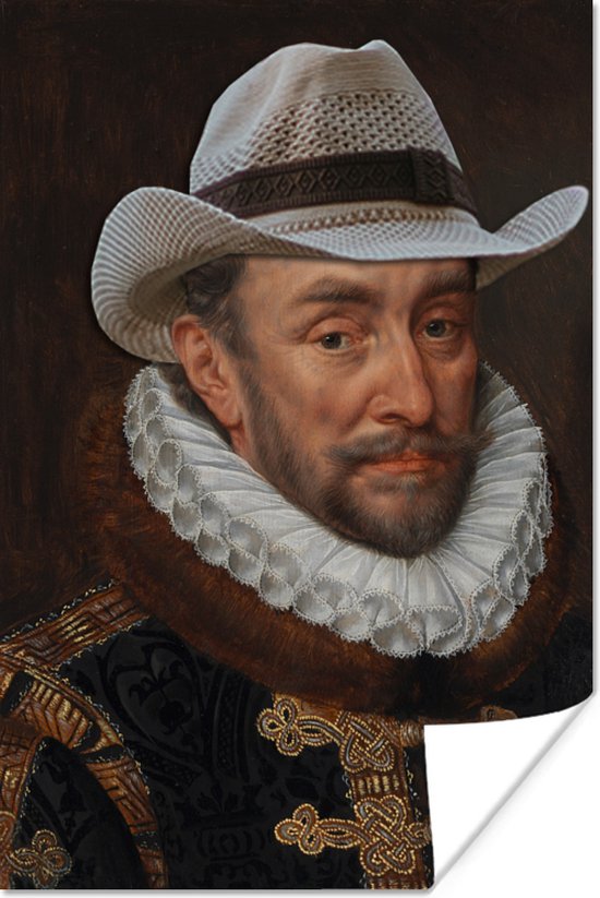 Willem van Oranje door Oude Meester Adriaen Thomasz met een hoed 20x30 cm - klein - Foto print op Poster (wanddecoratie woonkamer / slaapkamer)