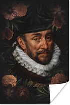 Willem van Oranje door Oude Meester Adriaen Thomasz omringd met bloemen 60x90 cm - Foto print op Poster (wanddecoratie woonkamer / slaapkamer)