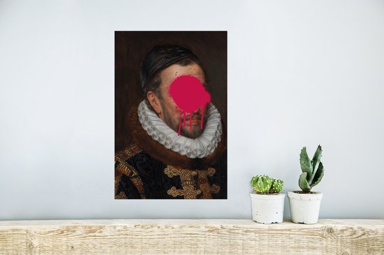 Willem van Oranje van oude meester Adriaen Thomasz met roze klodder verf 20x30 cm - klein - Foto print op Poster (wanddecoratie woonkamer / slaapkamer) - PosterMonkey