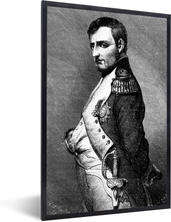 Fotolijst incl. Poster - Zwart-wit illustratie van Napoleon Bonaparte dit trots staat - 80x120 cm - Posterlijst