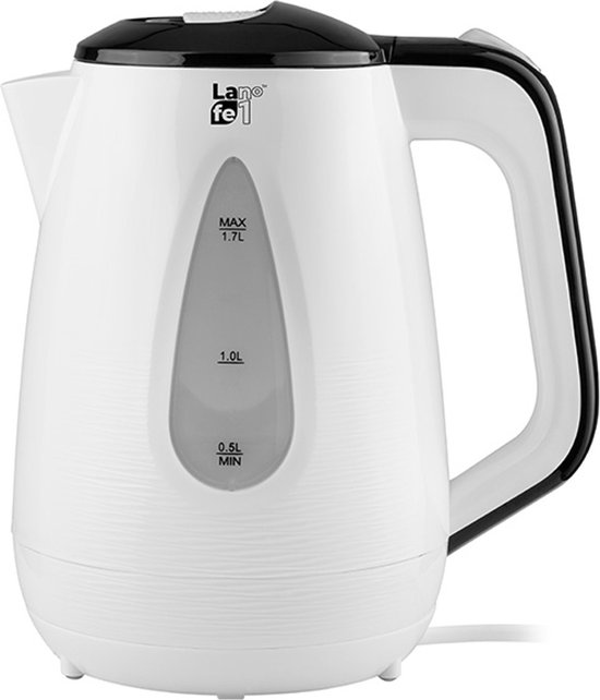 Witte waterkoker met zwart handvat en deksel, met water in de transparante indicator.