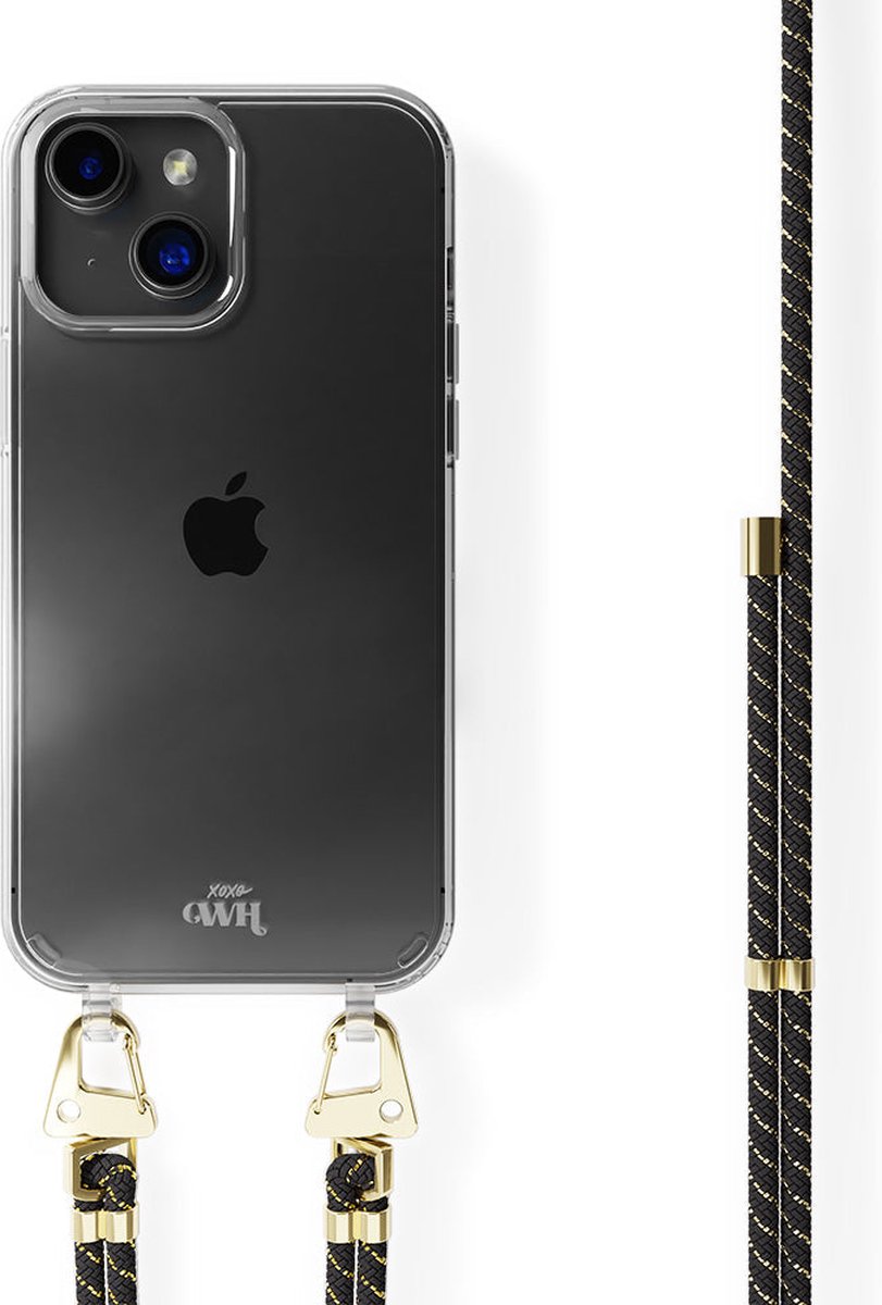 xoxo Wildhearts siliconen hoesje - Geschikt voor iPhone 15 - Gold Goddess - Telefoonhoesje - Hoesje met koord - telefoonkoord - Zwart - Goud - Transparant hoesje