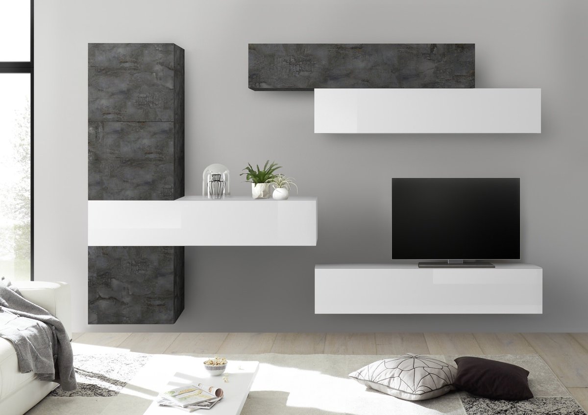 TV-wandmeubel Mars in hoogglans wit met Oxid