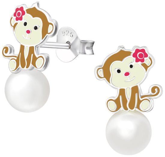 Joie|S - Boucles d'oreilles singe argent sur perle - 8 x 15 mm - boucles d'oreilles clous