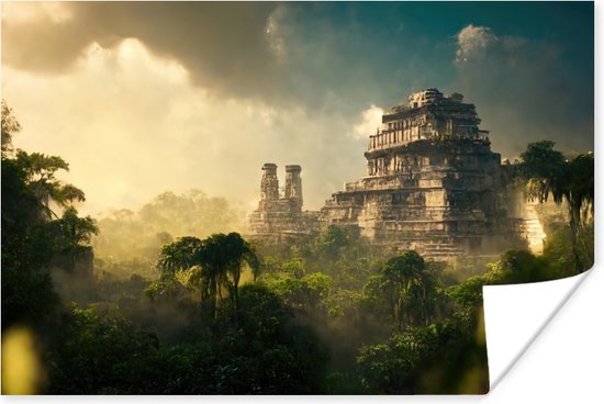 Poster Tempel - Jungle - wolken - Lucht - Natuur - 180x120 cm XXL