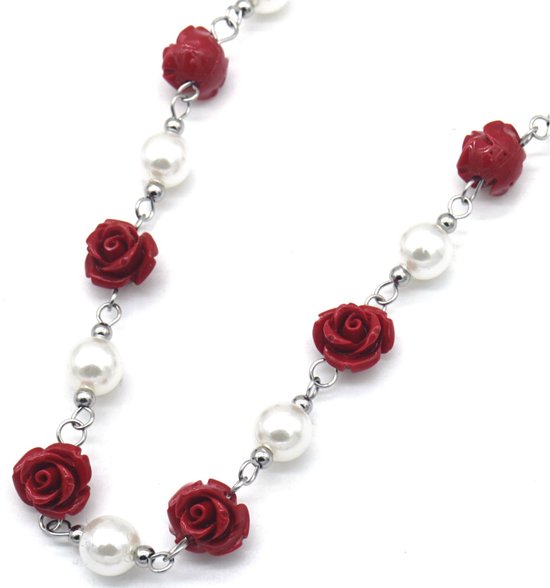 Collier avec perles et roses - Acier inoxydable - Longueur 44 cm - Couleur argent