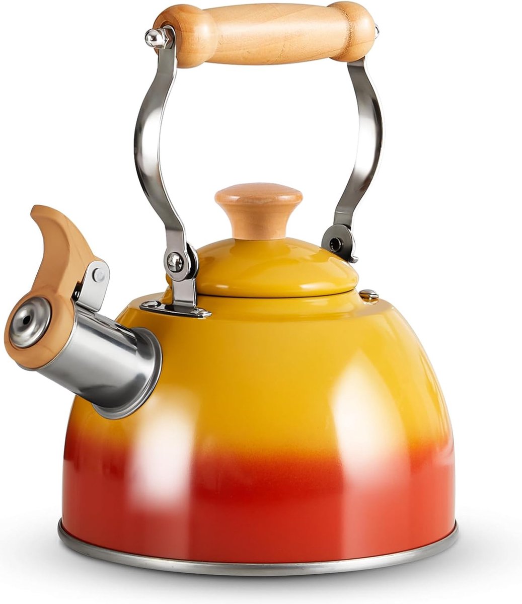 Inductieketel fluitketel voor alle soorten kachels roestvrijstalen campingtheeketel met houten handvat cool touch-handvat vintage theepot voor thee koffie keramische kookplaat gas elektrisch fornuis 1 5 l (oranje)