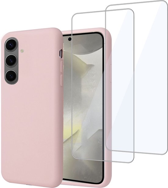 Convient pour Samsung Galaxy S24 - Coque + 2x Protecteur d'écran - Couvercle en Glas trempé - Étui en daim Rose