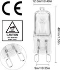 G9 halogeenlamp van 12,5 mm breed en 40 mm hoog met de tekst 'CAUTION HOT SURFACE DO NOT TOUCH'.