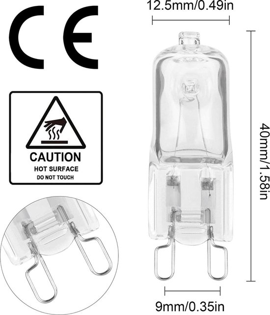 G9 halogeenlamp van 12,5 mm breed en 40 mm hoog met de tekst 'CAUTION HOT SURFACE DO NOT TOUCH'.