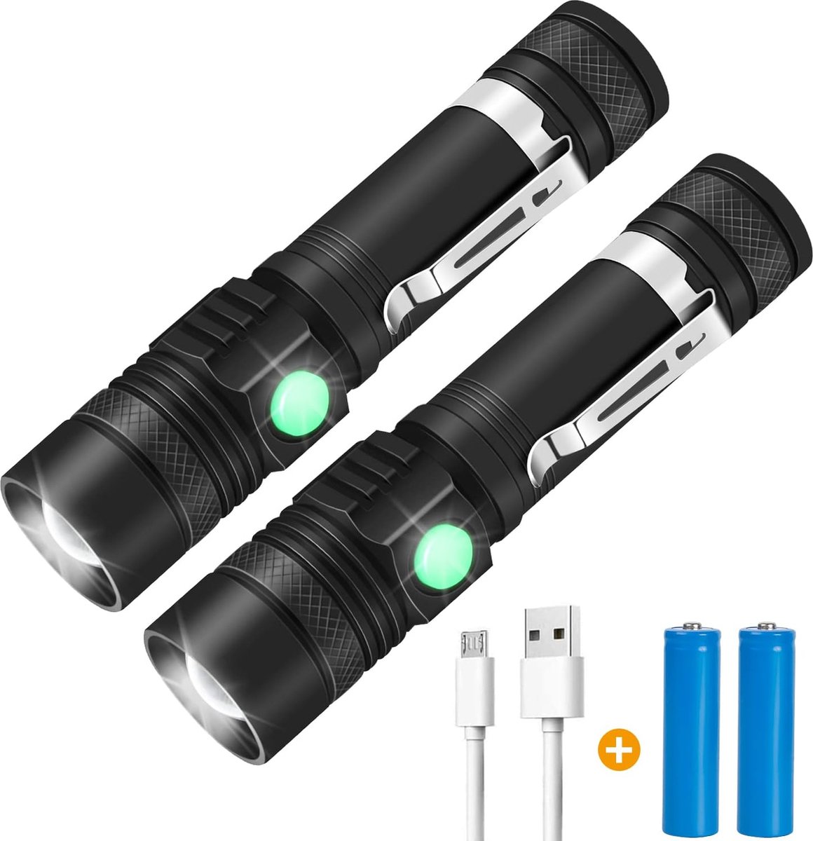 Militaire zaklamp - Zaklamp - Zaklampen - 4 schakelbare verlichtingsmodi - Zoomfunctie - USB C oplaadbaar - Zaklamp LED Oplaadbaar - 1000 Lumen - Waterdicht - Zwart - Set van 2