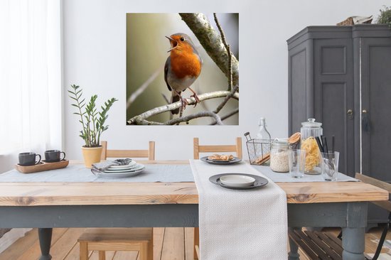 Affiche Robin sur une branche d'arbre 100x100 cm - Tirage photo sur Poster (décoration murale salon / chambre)