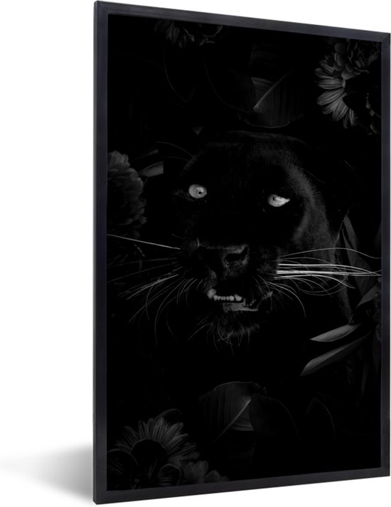 Fotolijst incl. Poster Zwart Wit- Botanische panter op zwarte achtergrond - zwart wit - 40x60 cm - Posterlijst