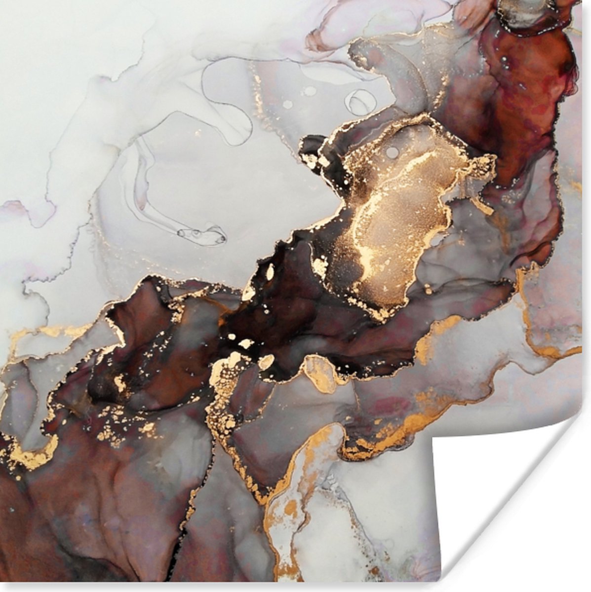 Poster Rood - Marmer - Goud - 75x75 cm