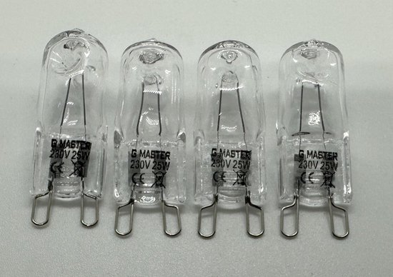 Vier G9 25W G MASTER halogeenlampen met helder glas.