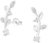 Joy|S - Zilveren takje met blad oorbellen - 7 x 19 mm - zirkonia - oorknoppen