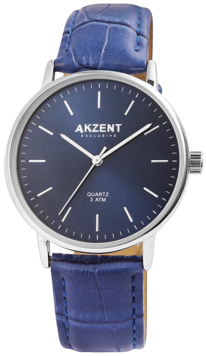 Akzent-Heren horloge-Analoog-Rond-40MM-Zilverkleurig-Blauw lederen band.