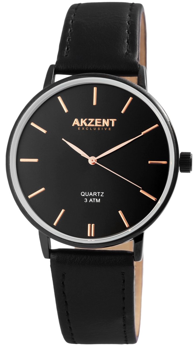 Akzent-Heren horloge-Analoog-Rond-42MM-Zwart-Zwart lederen band.