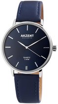 Akzent-Heren horloge-Analoog-Rond-42MM-Zilverkleurig-Blauw lederen band.