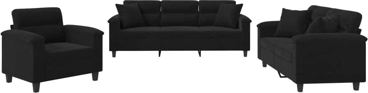 vidaXL - 3-delige - Loungeset - met - kussens - microvezelstof - zwart