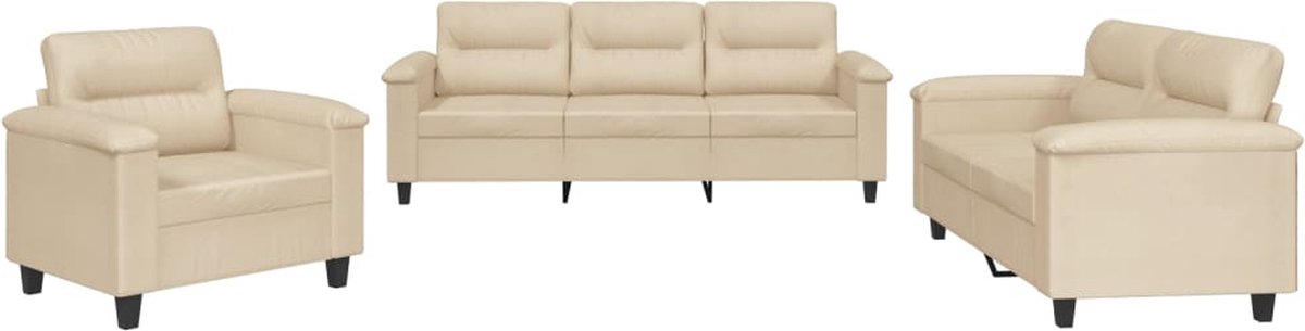 vidaXL - 3-delige - Loungeset - met - kussens - microvezelstof - crèmekleurig